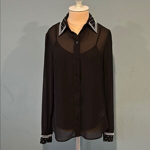 Michael Kors Black Sheer Blouse size XS Button Down Built-In Cami Bead Detail